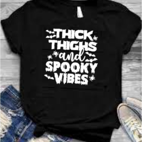 Thick Thighs and Spooky Vibes Halloween Shirt NEW 🦇🕷 - Picture 1 of 1